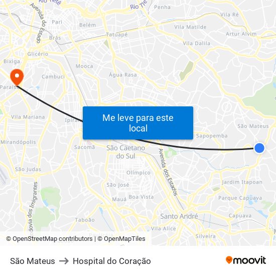 São Mateus to Hospital do Coração map