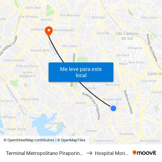 Terminal Metropolitano Piraporinha to Hospital Moriah map