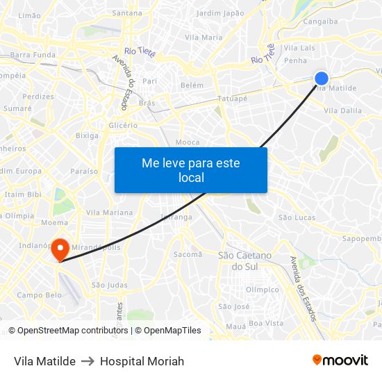 Vila Matilde to Hospital Moriah map