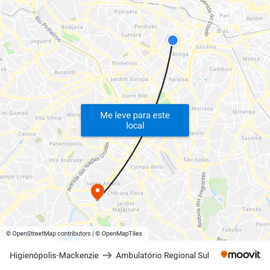 Higienópolis-Mackenzie to Ambulatório Regional Sul map