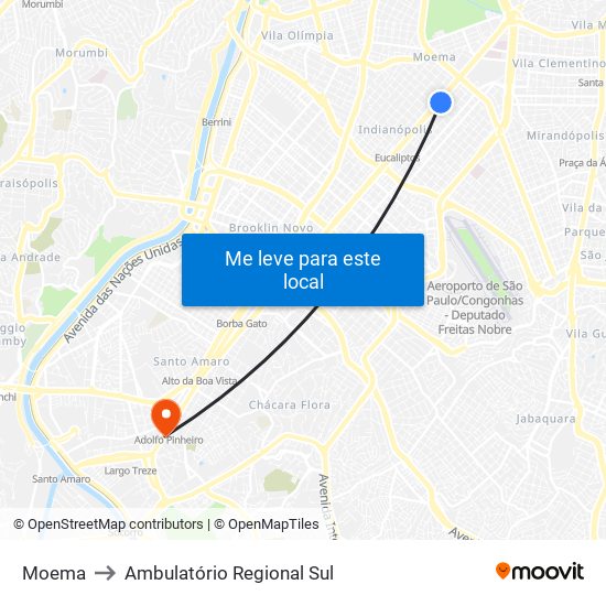 Moema to Ambulatório Regional Sul map