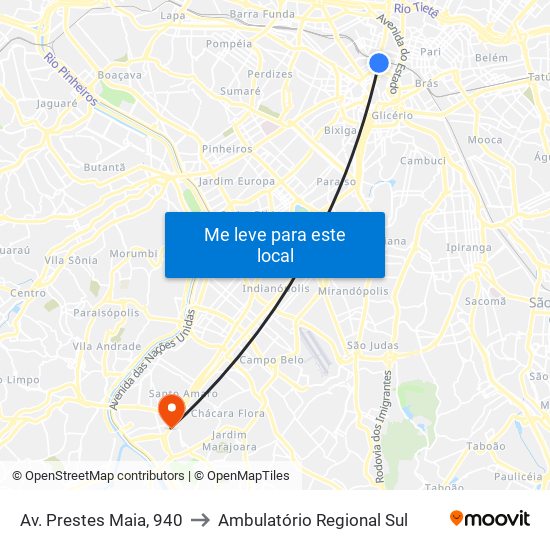 Av. Prestes Maia, 940 to Ambulatório Regional Sul map