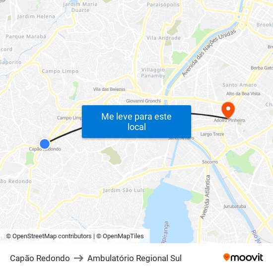 Capão Redondo to Ambulatório Regional Sul map