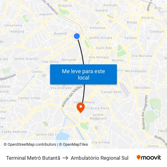 Terminal Metrô Butantã to Ambulatório Regional Sul map