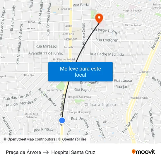 Praça da Árvore to Hospital Santa Cruz map
