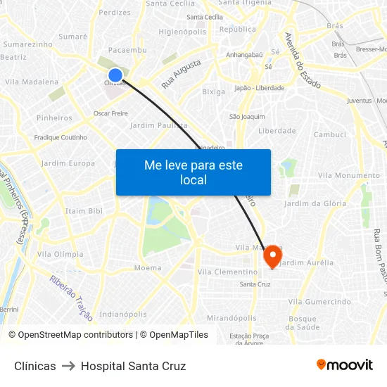 Clínicas to Hospital Santa Cruz map