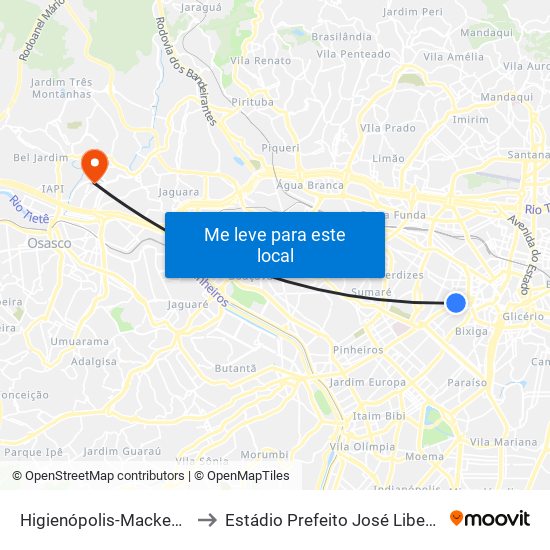 Higienópolis-Mackenzie to Estádio Prefeito José Liberatti map