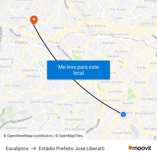 Eucaliptos to Estádio Prefeito José Liberatti map