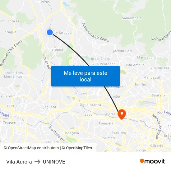 Vila Aurora to UNINOVE map