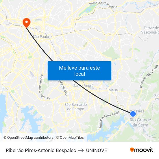 Ribeirão Pires-Antônio Bespalec to UNINOVE map
