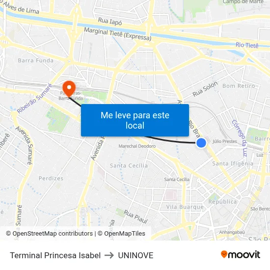 Terminal Princesa Isabel to UNINOVE map