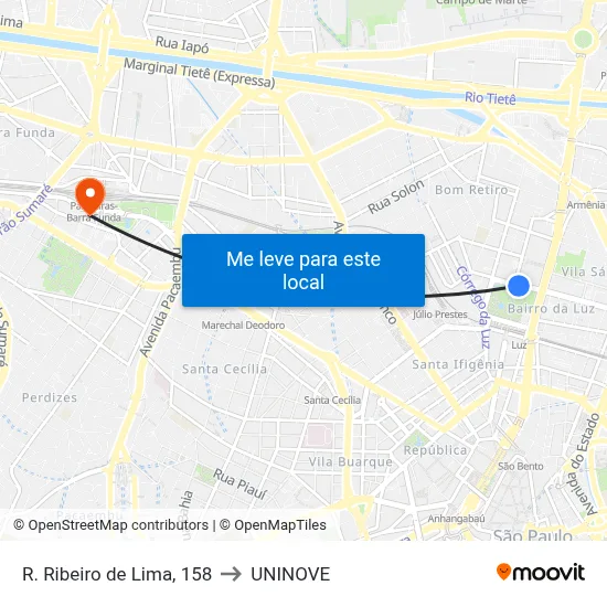 R. Ribeiro de Lima, 158 to UNINOVE map
