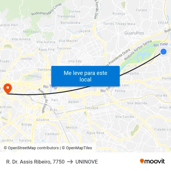 R. Dr. Assis Ribeiro, 7750 to UNINOVE map