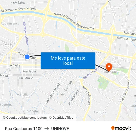 Rua Guaicurus 1100 to UNINOVE map