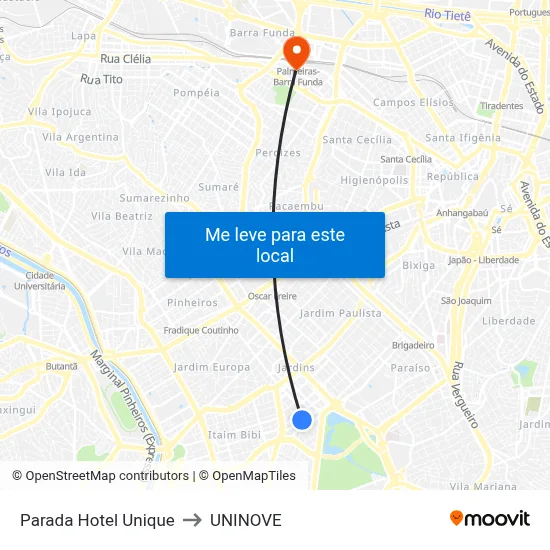 Parada Hotel Unique to UNINOVE map