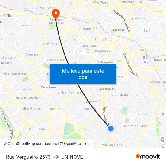 Rua Vergueiro 2573 to UNINOVE map