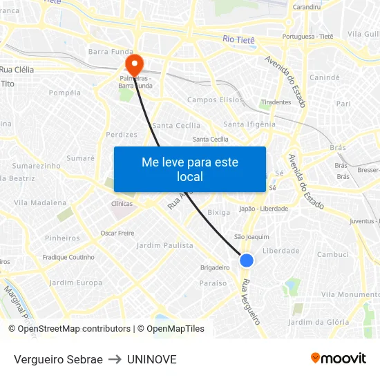 Vergueiro Sebrae to UNINOVE map