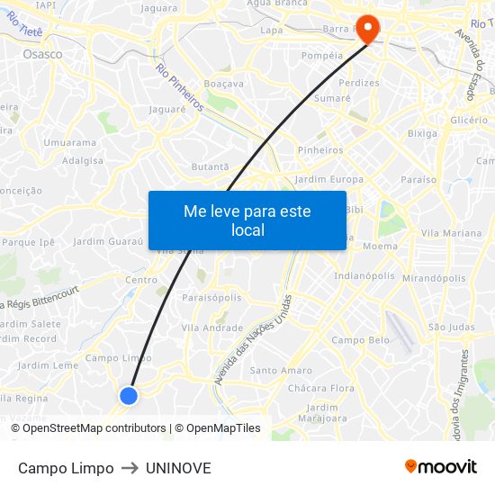 Campo Limpo to UNINOVE map