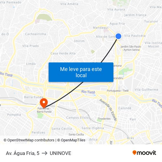 Av. Água Fria, 5 to UNINOVE map