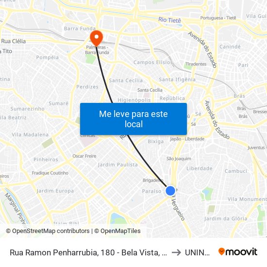 Rua Ramon Penharrubia, 180 - Bela Vista, São Paulo to UNINOVE map