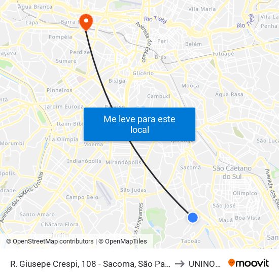 R. Giusepe Crespi, 108 - Sacoma, São Paulo to UNINOVE map