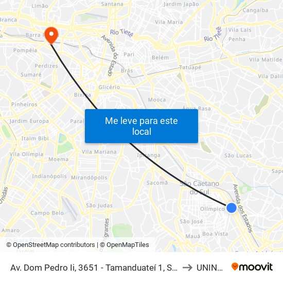 Av. Dom Pedro Ii, 3651 - Tamanduateí 1, Santo André to UNINOVE map
