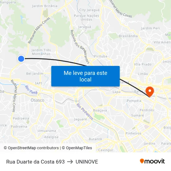 Rua Duarte da Costa 693 to UNINOVE map