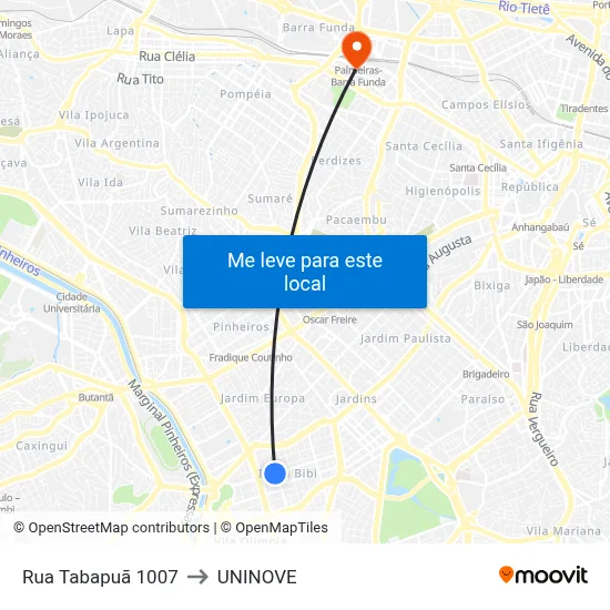 Rua Tabapuã 1007 to UNINOVE map