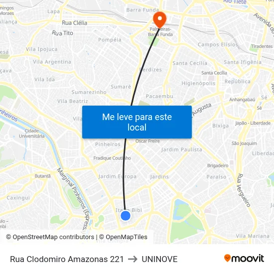 Rua Clodomiro Amazonas 221 to UNINOVE map