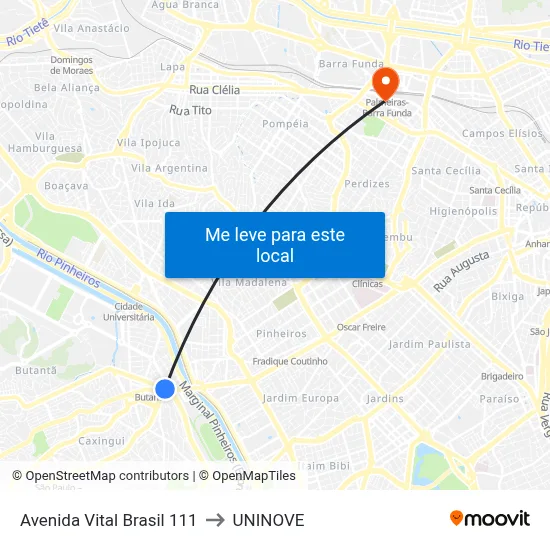 Avenida Vital Brasil 111 to UNINOVE map