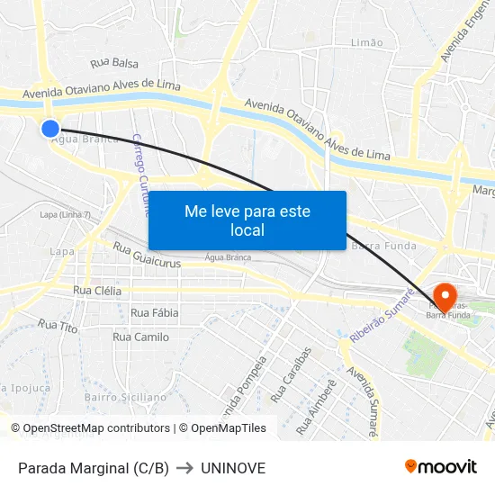 Parada Marginal (C/B) to UNINOVE map