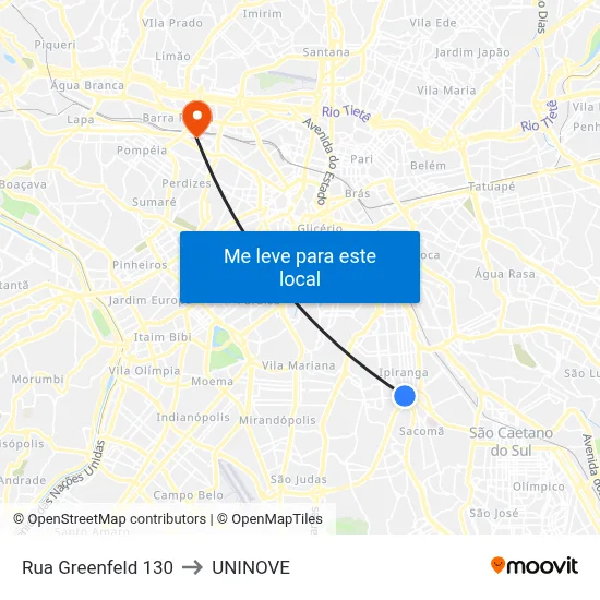 Rua Greenfeld 130 to UNINOVE map