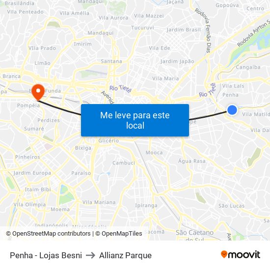 Penha - Lojas Besni to Allianz Parque map