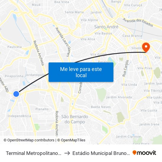 Terminal Metropolitano Piraporinha to Estádio Municipal Bruno José Daniel map