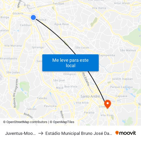 Juventus-Mooca to Estádio Municipal Bruno José Daniel map