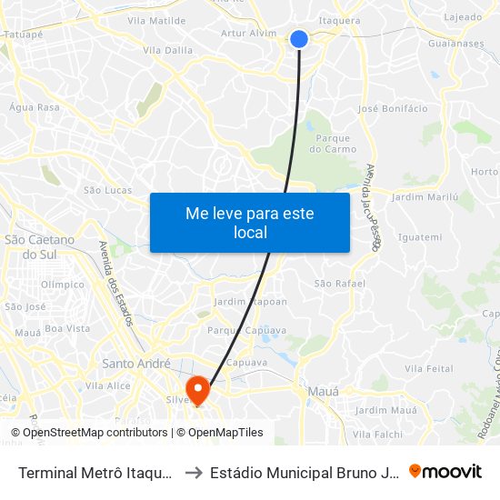 Terminal Metrô Itaquera Norte to Estádio Municipal Bruno José Daniel map