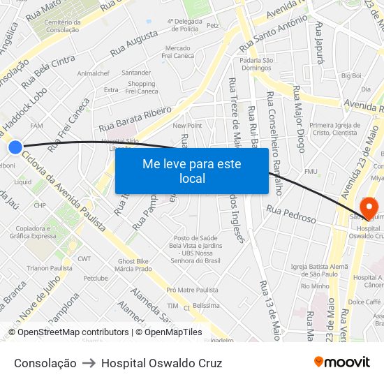 Consolação to Hospital Oswaldo Cruz map