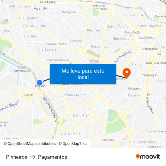 Pinheiros to Pagamentos map