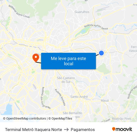 Terminal Metrô Itaquera Norte to Pagamentos map