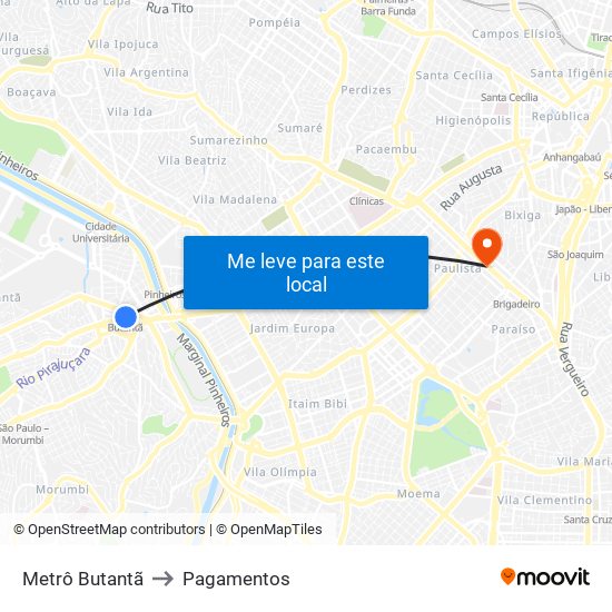 Metrô Butantã to Pagamentos map