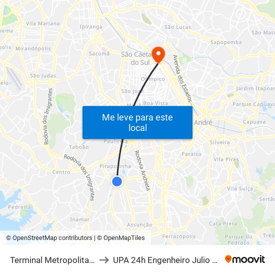 Terminal Metropolitano Piraporinha to UPA 24h Engenheiro Julio Marcucci Sobrinho map