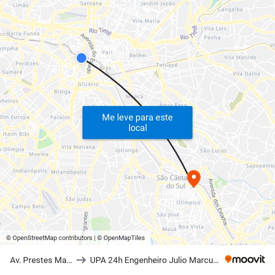 Av. Prestes Maia, 940 to UPA 24h Engenheiro Julio Marcucci Sobrinho map