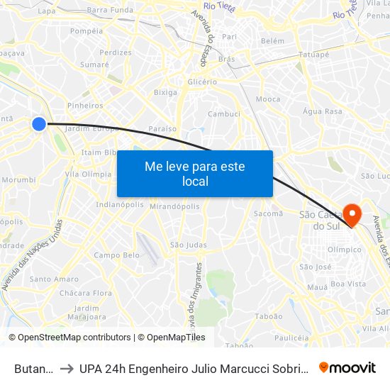 Butantã to UPA 24h Engenheiro Julio Marcucci Sobrinho map