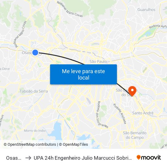 Osasco to UPA 24h Engenheiro Julio Marcucci Sobrinho map