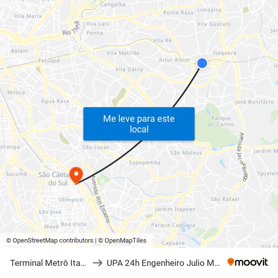 Terminal Metrô Itaquera Norte to UPA 24h Engenheiro Julio Marcucci Sobrinho map