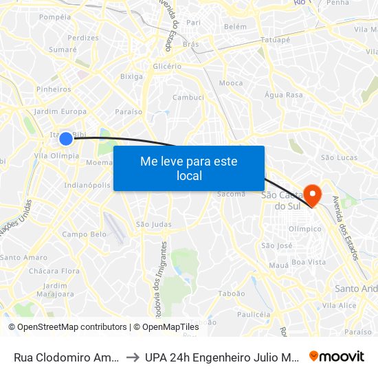 Rua Clodomiro Amazonas 221 to UPA 24h Engenheiro Julio Marcucci Sobrinho map