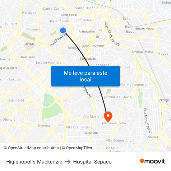 Higienópolis-Mackenzie to Hospital Sepaco map