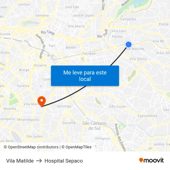 Vila Matilde to Hospital Sepaco map