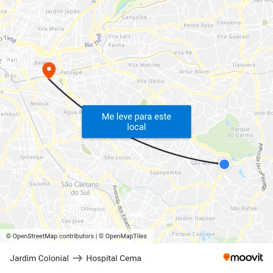 Jardim Colonial to Hospital Cema map
