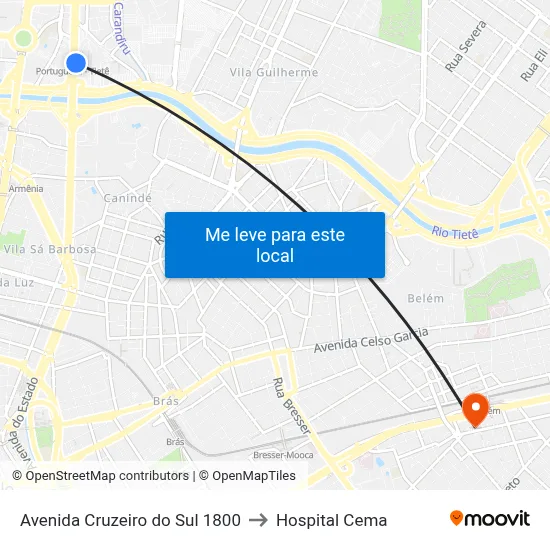 Avenida Cruzeiro do Sul 1800 to Hospital Cema map